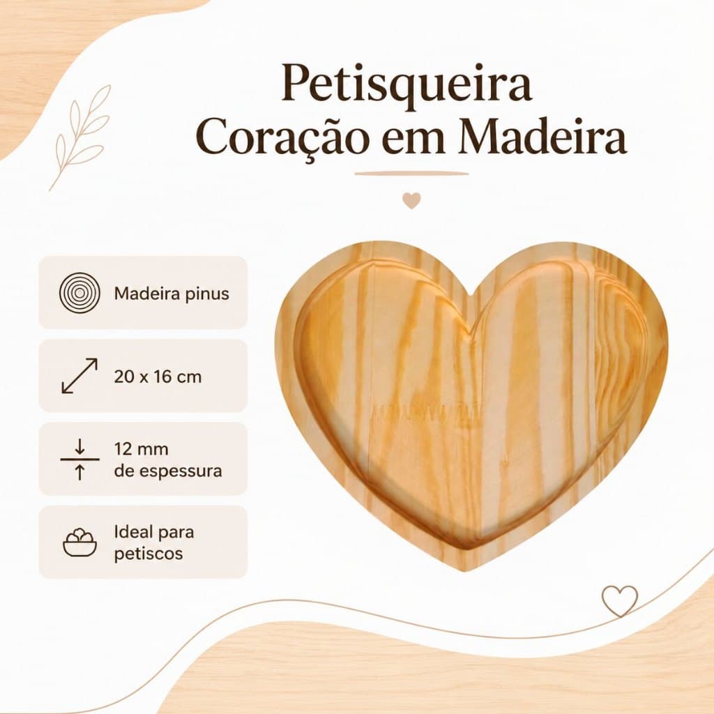 Petisqueira Aperitivos Formato Coração Para Servir Decorar Madeira Pinus