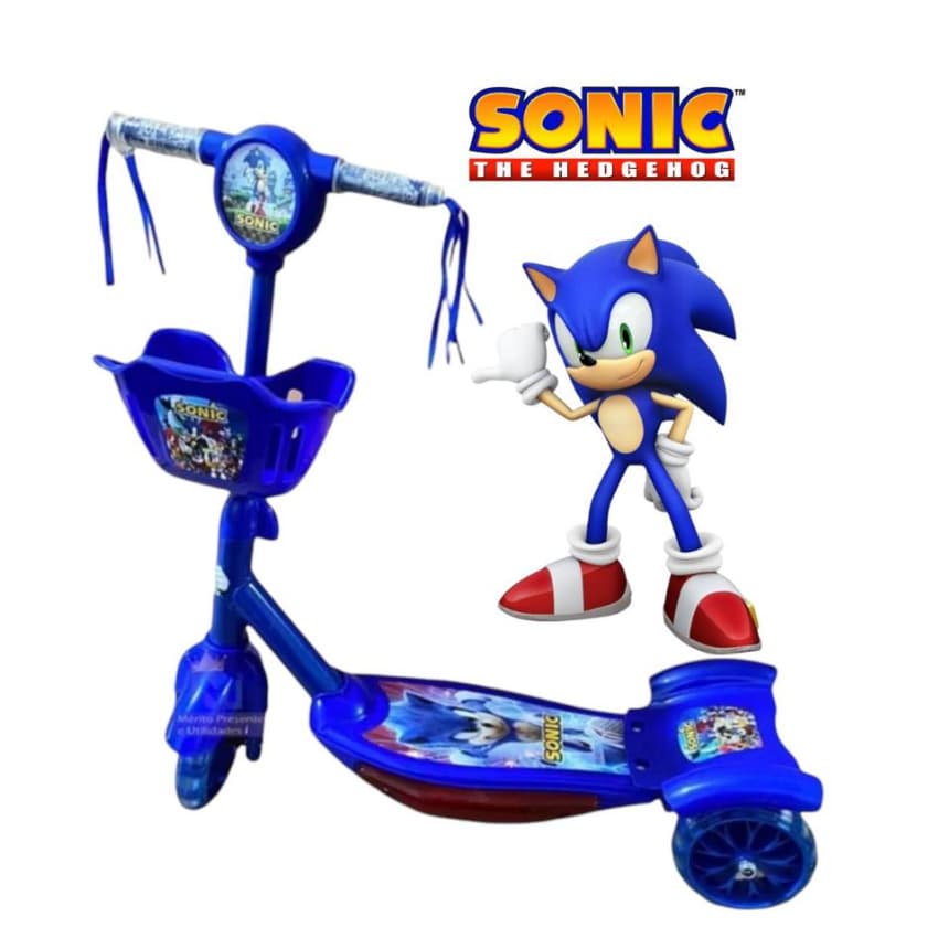 Patinete Infantil Sonic Menino Azul 3 Rodas Luzes LED Música 3 Rodas Altura Ajustável + Surpresa