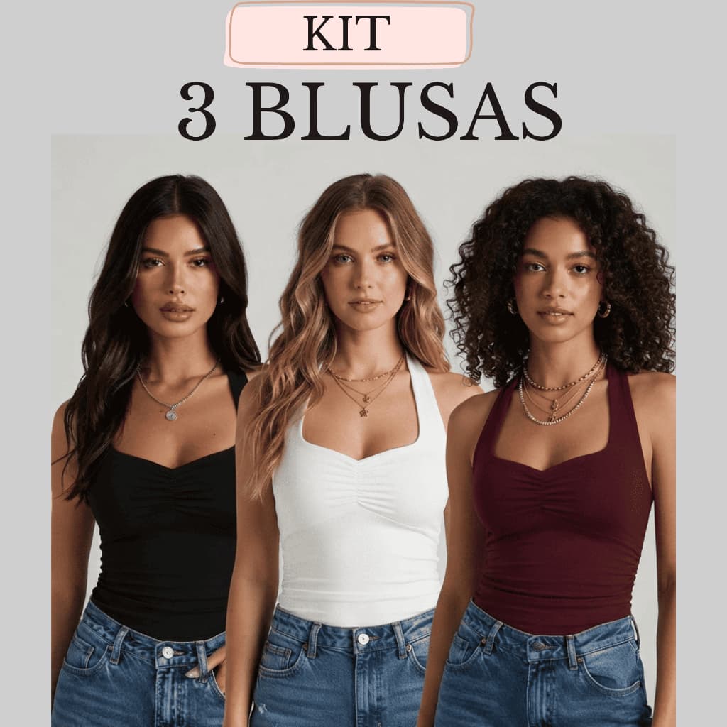 Kit com 3 Blusa Básica Franzida Efeito Silicone Modelagem que Valoriza Suplex Premium Forro Duplo
