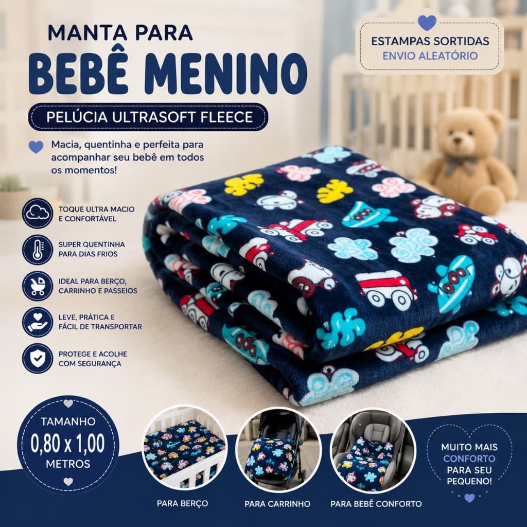 Manta para Bebê Menino Pelúcia Ultrasoft Fleece 0,80 x 1,00m Macia Quentinha
