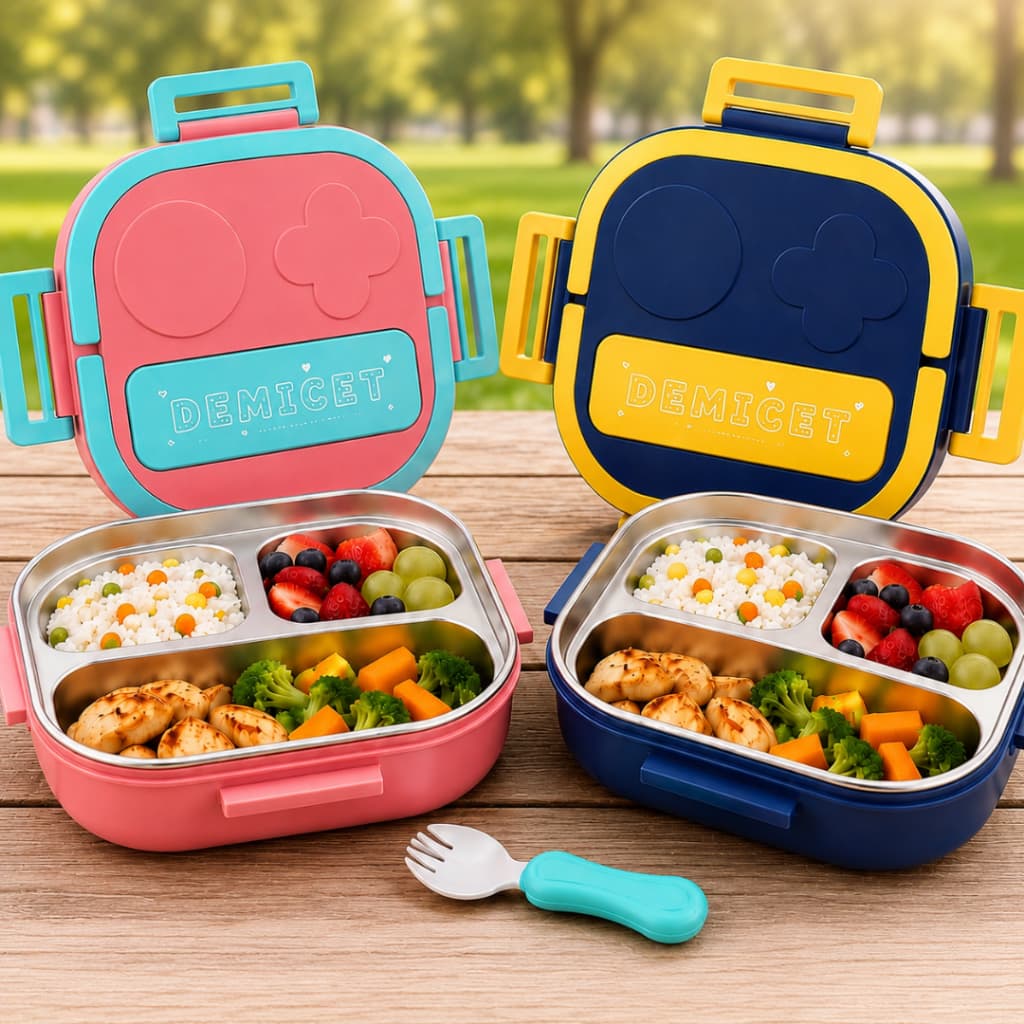 Lancheira Marmita Infantil Térmica Inox Plástico 3 Divisórias com Talher Antivazamento ENVIO IMEDIATO