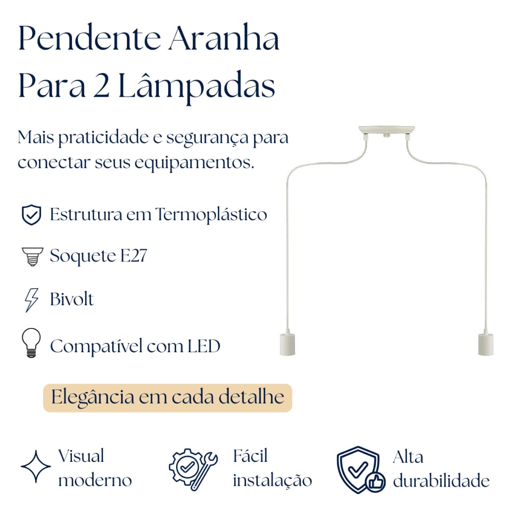 Pendente Aranha Com 2 Lampadas Termoplástico Soquete E27 110v/220v Sala Cozinha Quarto Mesa Branco Preto