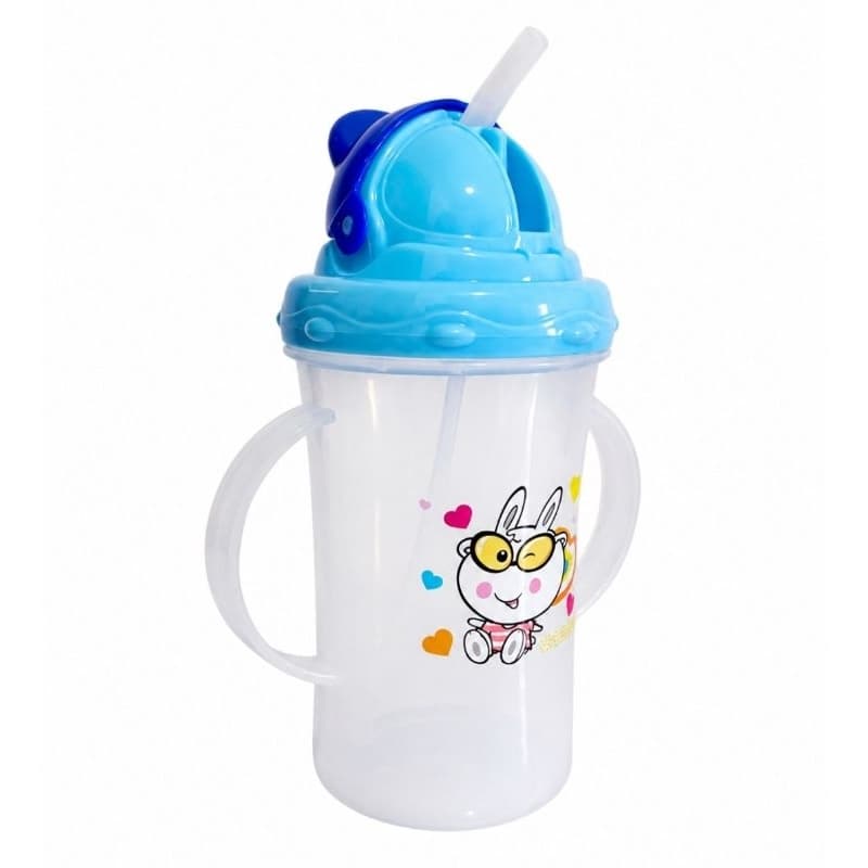 Copo Infantil com Canudo e Alças 300ml Antivazamento Tampa Flip Coelho Azul
