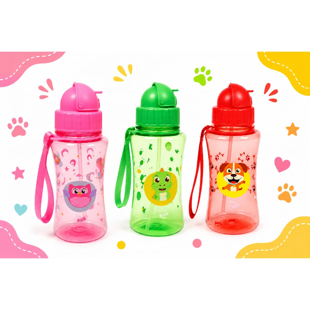 Garrafa De Água Infantil 400ml Squeeze Com Trava Canudo e Alça Plástico