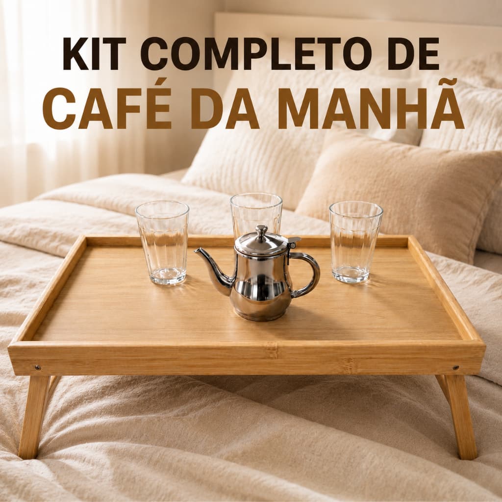 Kit Completo Café da Manhã com Bandeja Dobrável, 1 Bule de Inox e 3 Copos Americanos