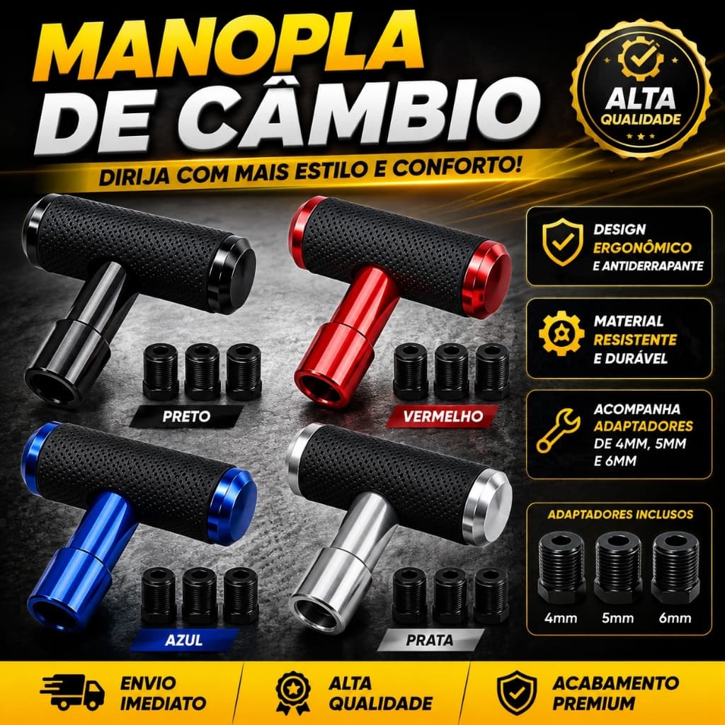 Manopla/Bola Alavanca De Câmbio Universal De Couro Alumínio em T Carro/Automotivo.
