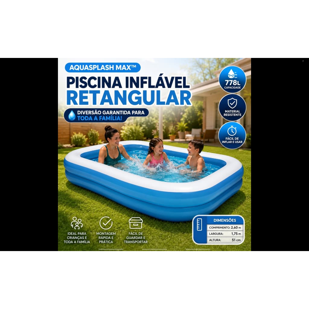 Piscina Inflável Retangular 778 Litros 2,60m x 1,75m x 51cm Familiar Infantil AquaSplash Max™