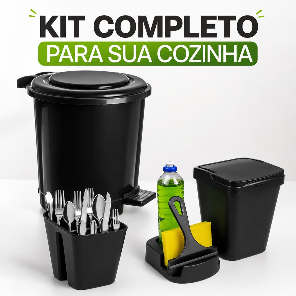 Kit Completo Organizador de Cozinha Lixeira 5L + Porta Detergente + Rodinho + Porta Talher + Lixeira 7Litros