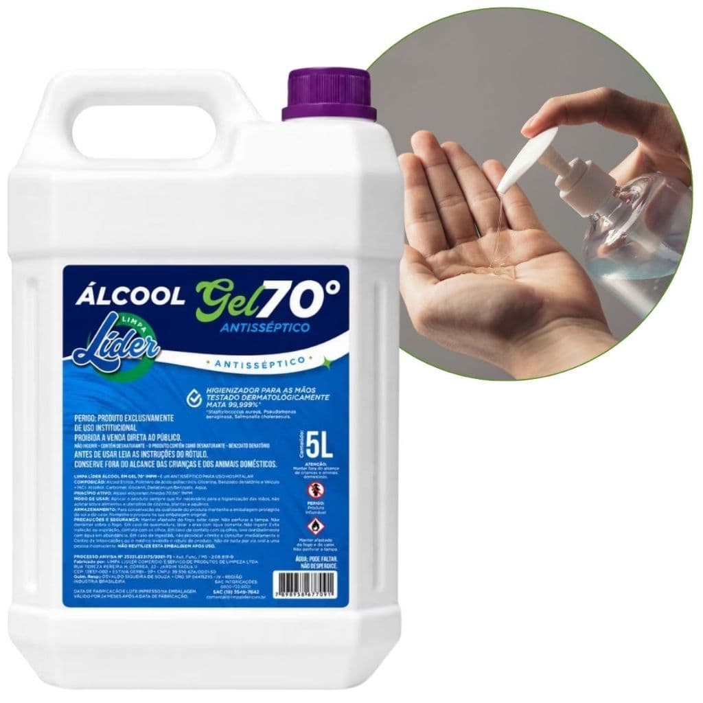 Álcool Gel 70 Antisséptico Limpa Líder 5L Higienizador Para Mãos Galão Econômico
