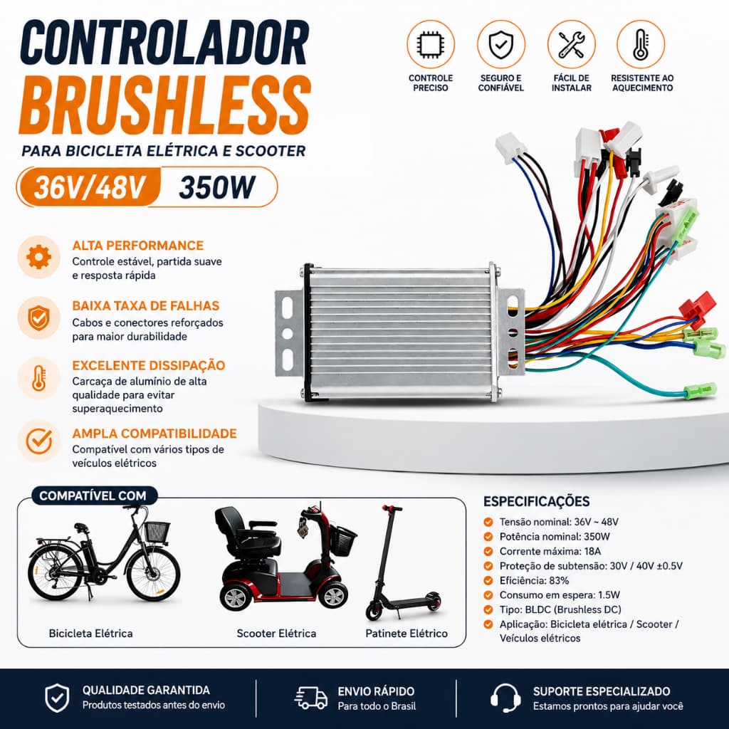 Módulo Controladora Sem Escova Scooter Elétrica 350w 36/48v
