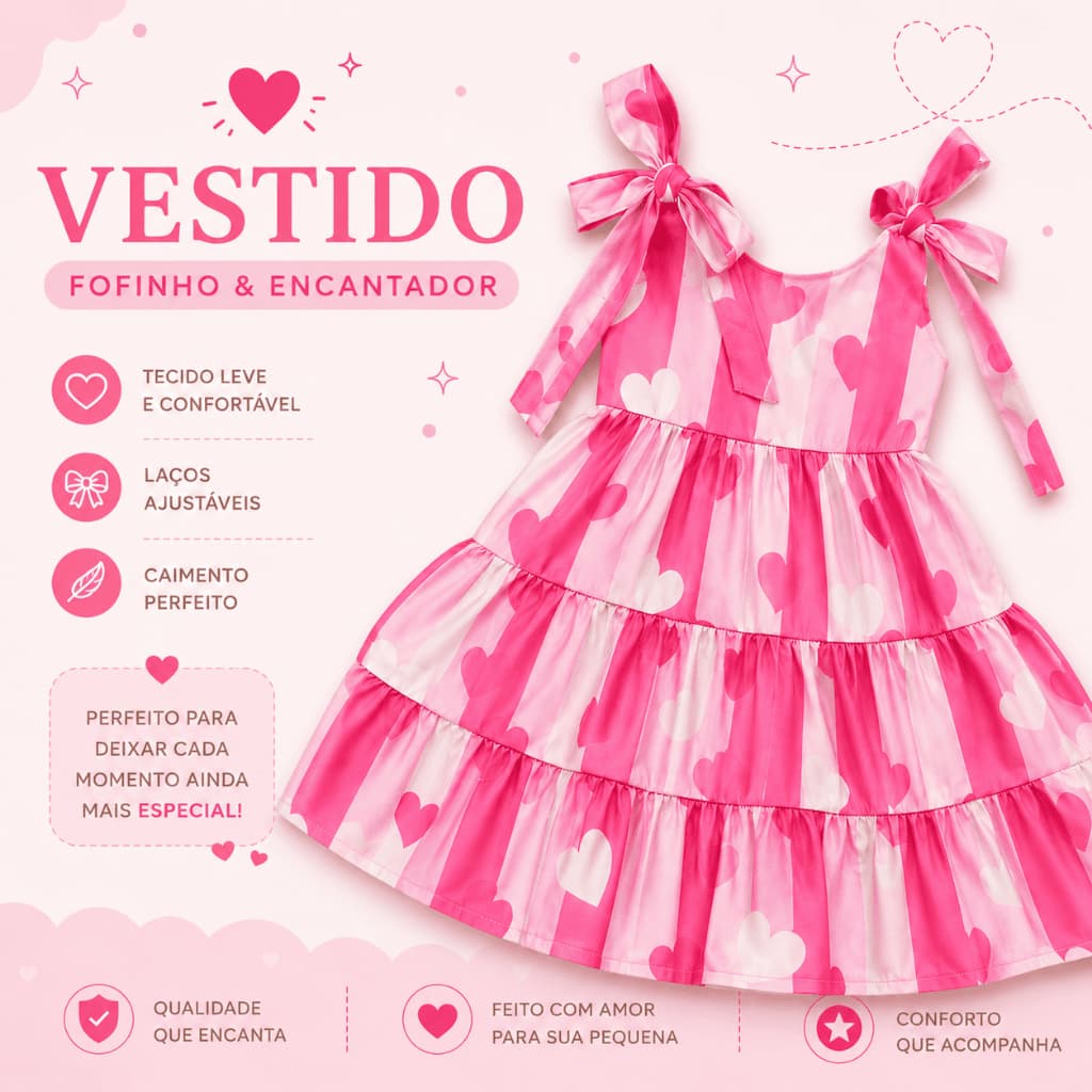 Vestido estampado de corações rosas , casual e perfeito - Moda Feminina - Moda Infantil