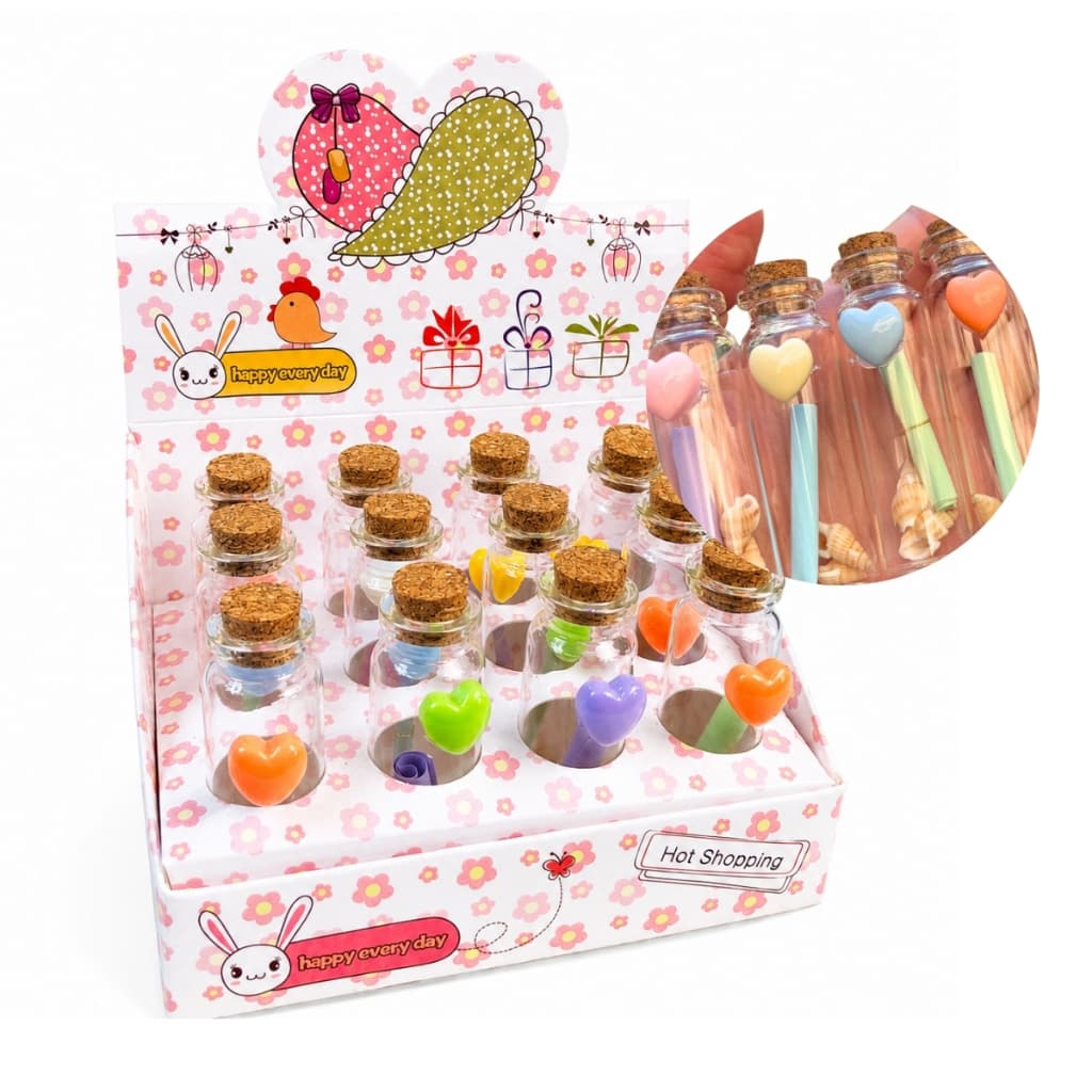 12 Mini Garrafinhas de Vidro com Rolha Corações Decorativos Lembrancinha Aniversário Decoração