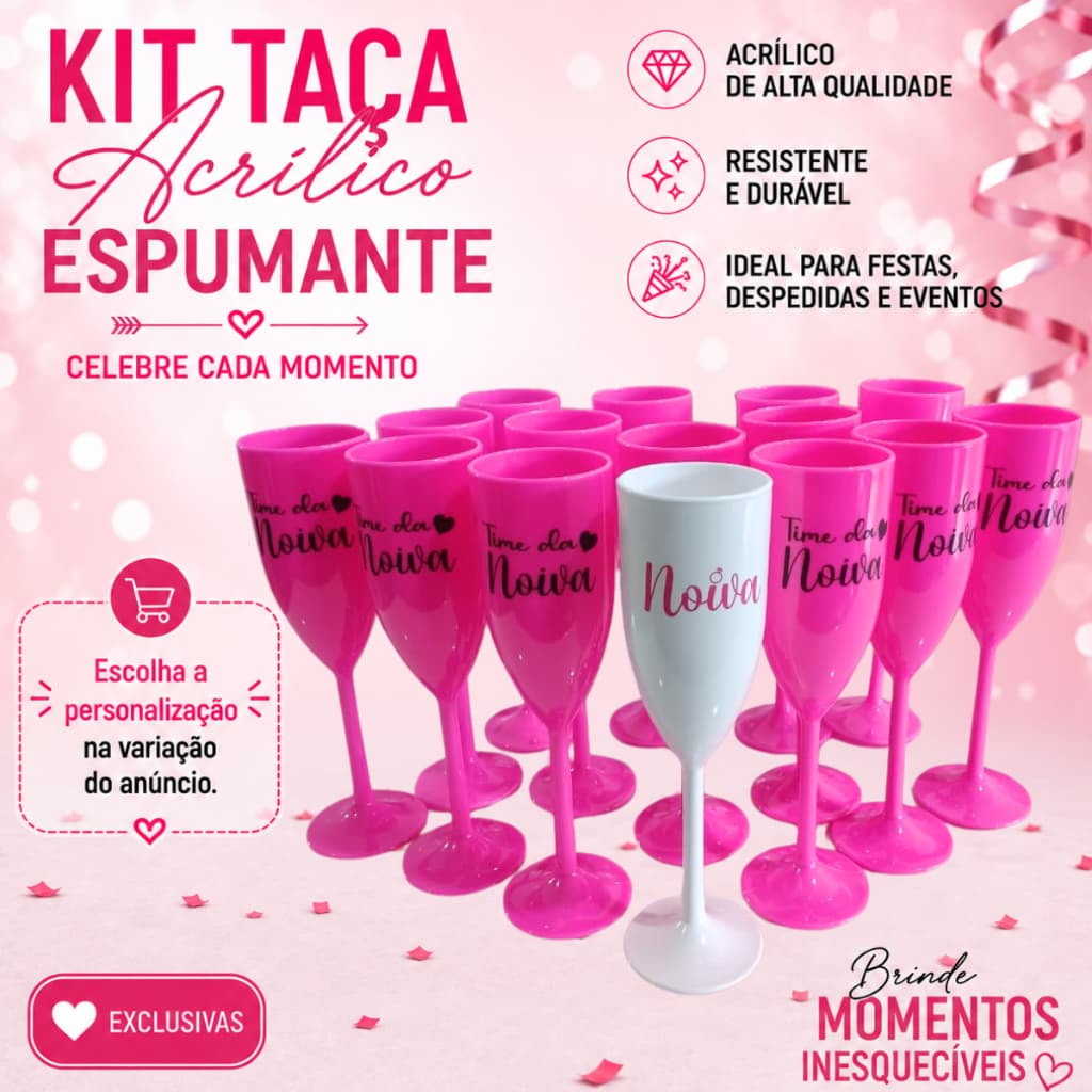 Kit Taças Espumante Champagne Acrílico 180ml Rosa Fechado - Festa Despedida Solteira Noiva Casamento