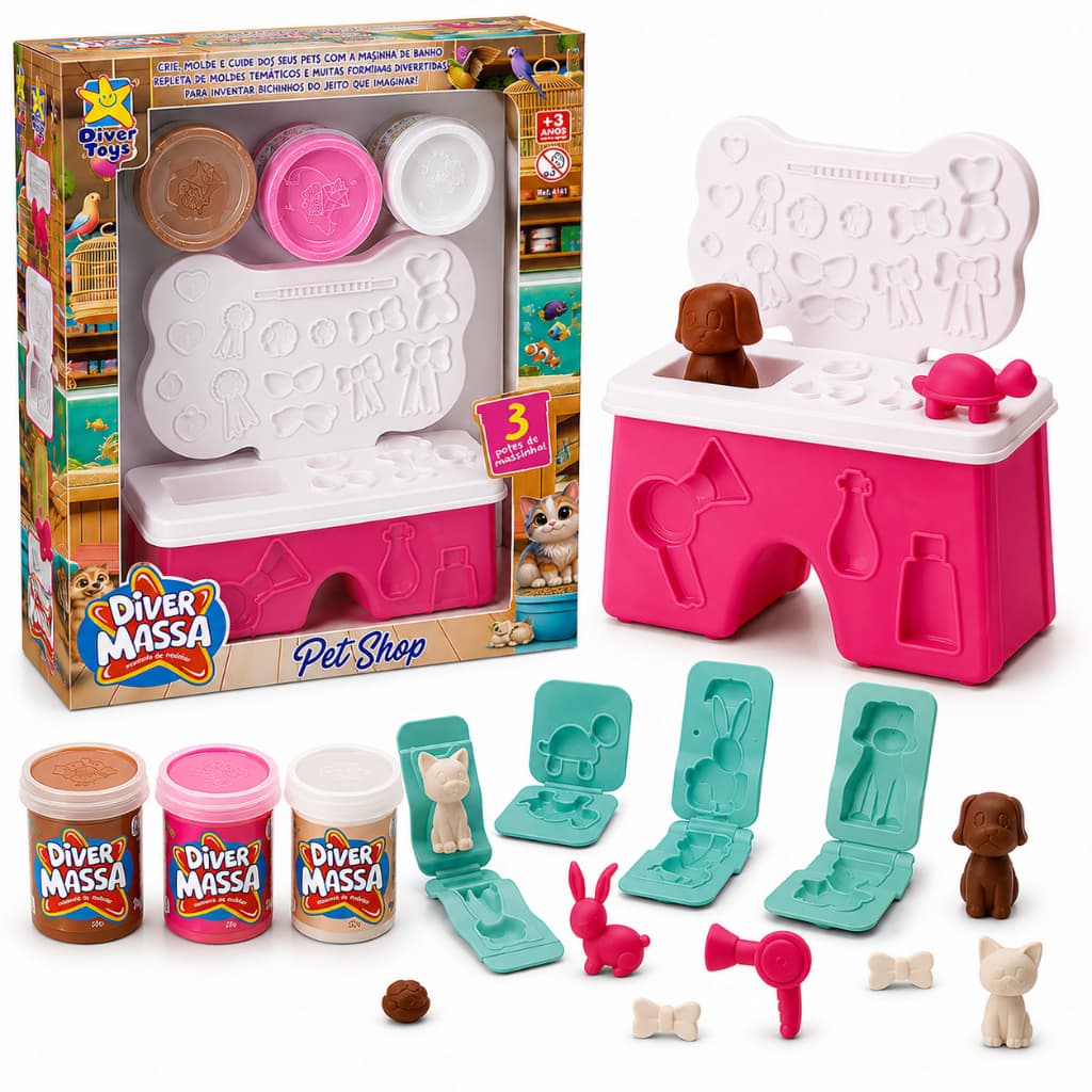 Kit Massinha de Modelar Infantil Pet Shop Com 3 Potes Massinhas Moldes de Animais Bancadinha Acessórios Forminha Massa
