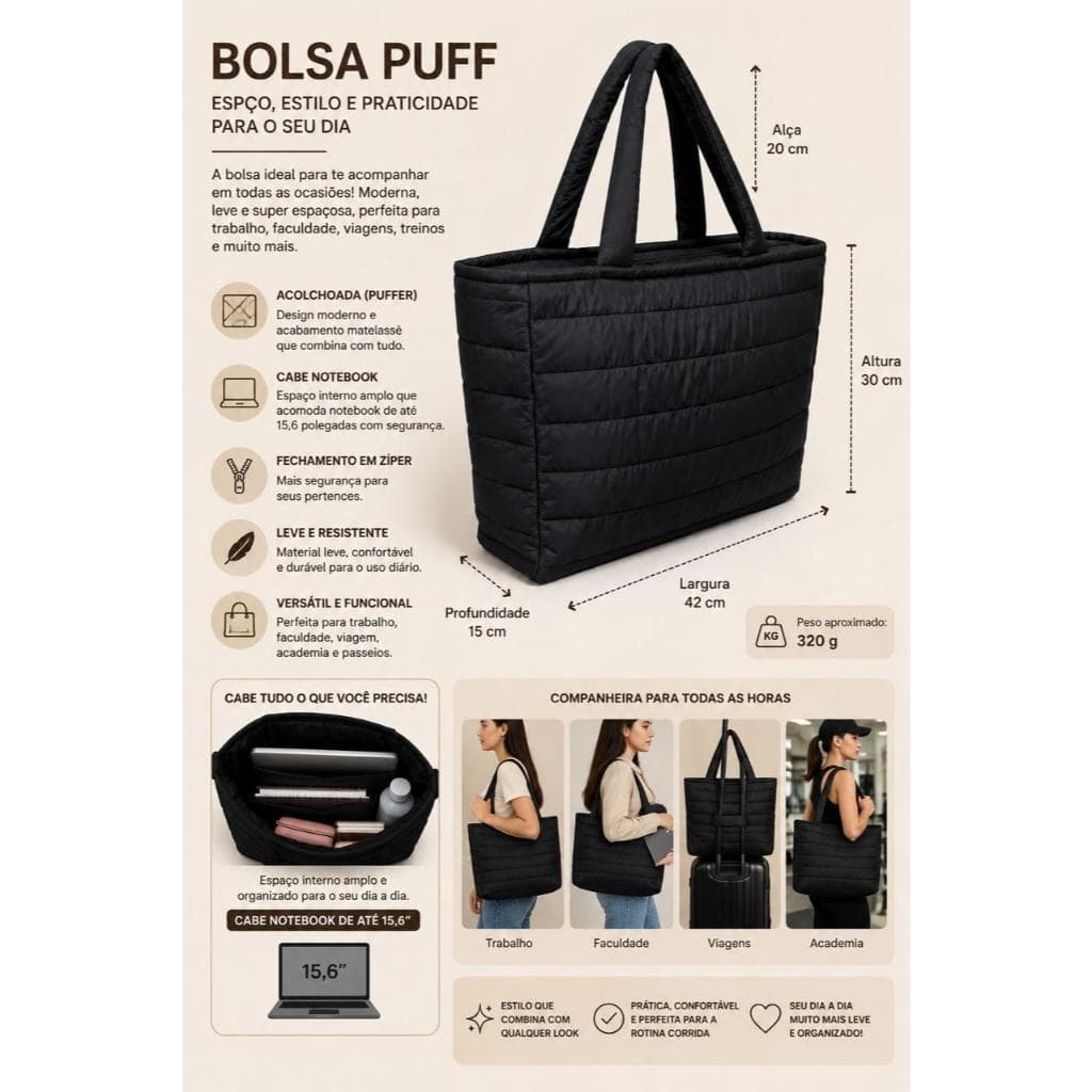 Bolsa de Ombro Acolchoada Puffer Impermeável Peach Tree, Bolsa Sacola Tote Grande para Notebook, Faculdade e Trabalho KD