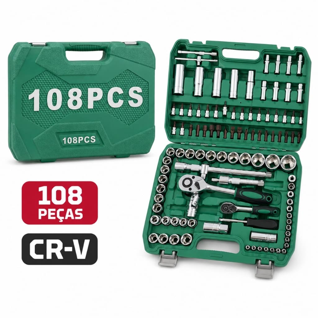 Kit Ferramentas 108 Peças Profissional Aço CR-V Soquetes Catraca Reversível 1/2 e 1/4 com Maleta BRASWEI BW5022