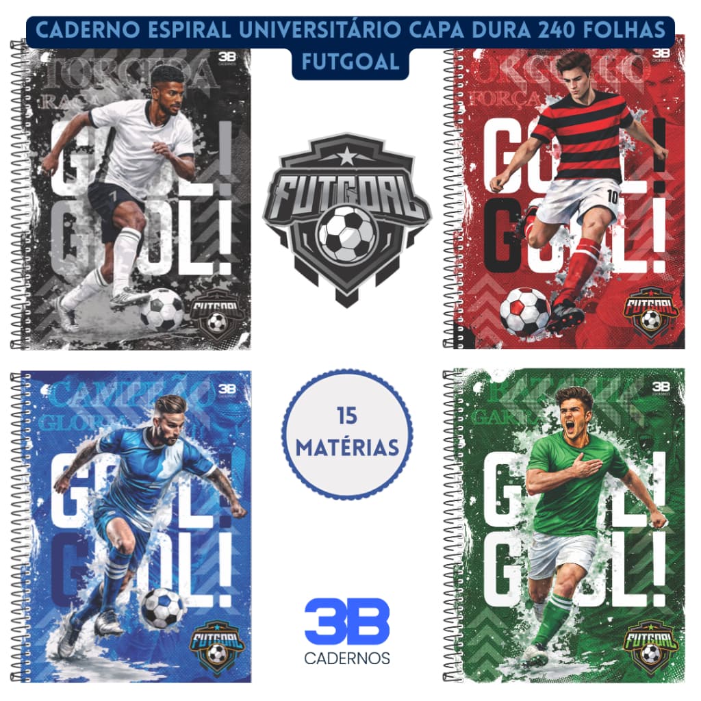 Caderno Espiral Universitário 15 Matérias 240 folhas Capa Dura - Futgoal - 3B Cadernos