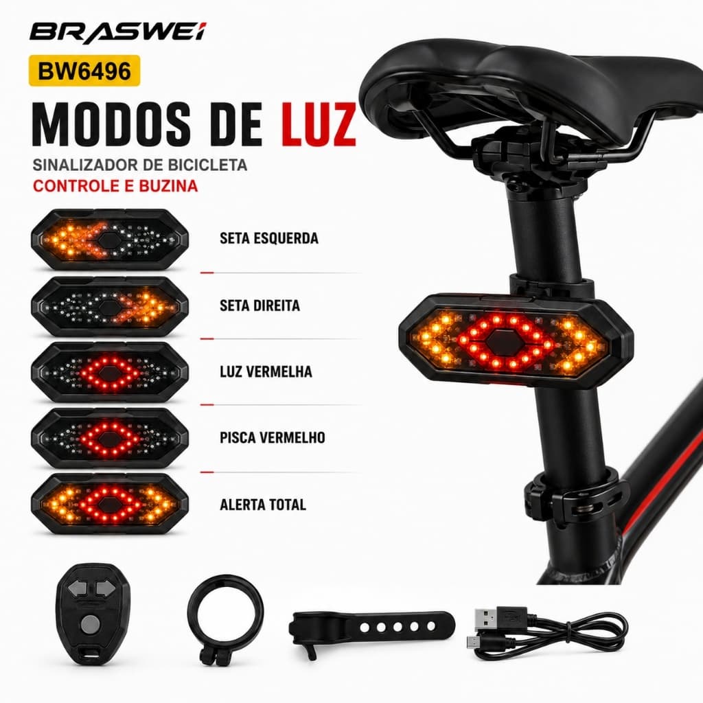 Lanterna Traseira Bike com Seta, Controle Remoto Sem Fio, Buzina, 5 Modos USB Recarregável BRASWEI BW6496