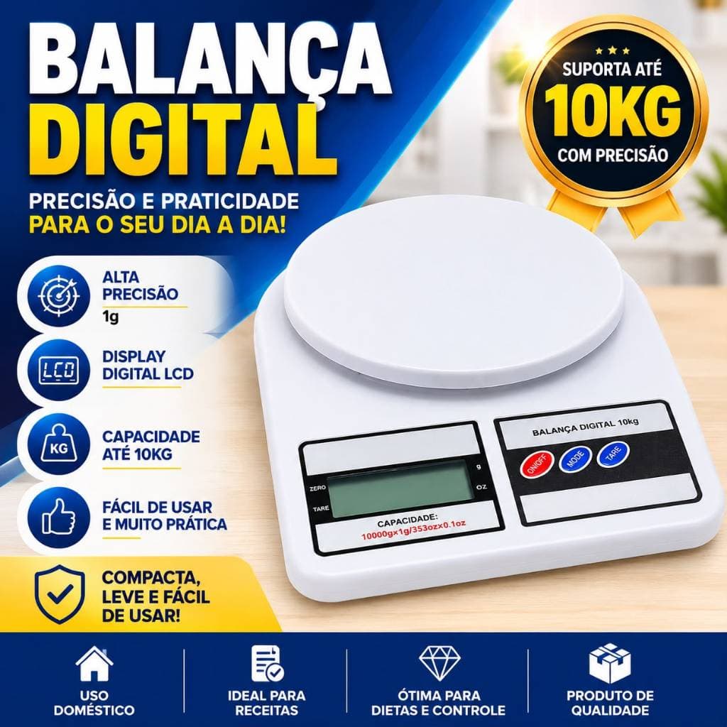 Balança de Cozinha 10kg Alta Capacidade, Suporta Até 10kg, Precisão 1g Para Cozinha Receitas