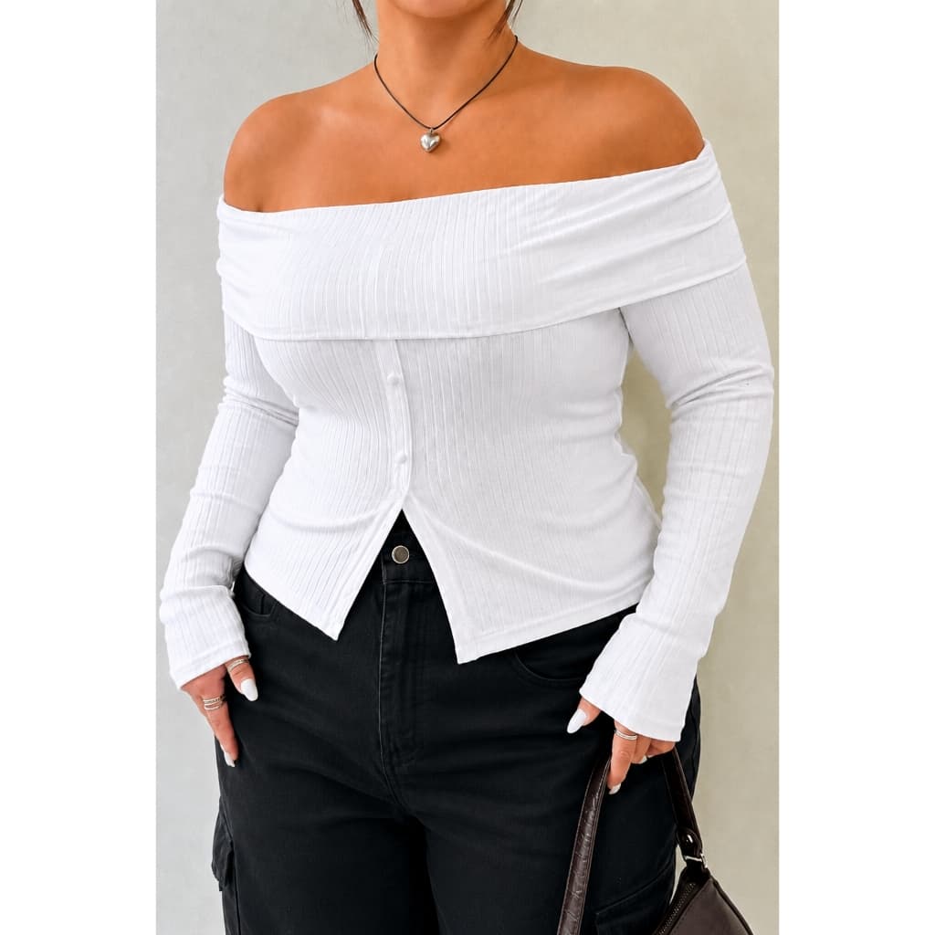 Blusa Feminina Plus Szie Ciganinha Canelada com Botões Ombro a Ombro Inverno Blusa de Frio Inverno GG XXG Midi Size