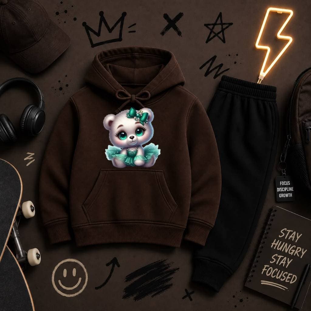 Conjunto Moletom Infantil com Capuz Canguru Calça Flanelada Macio Quentinho Estampa Delicada de Ursinha Inverno