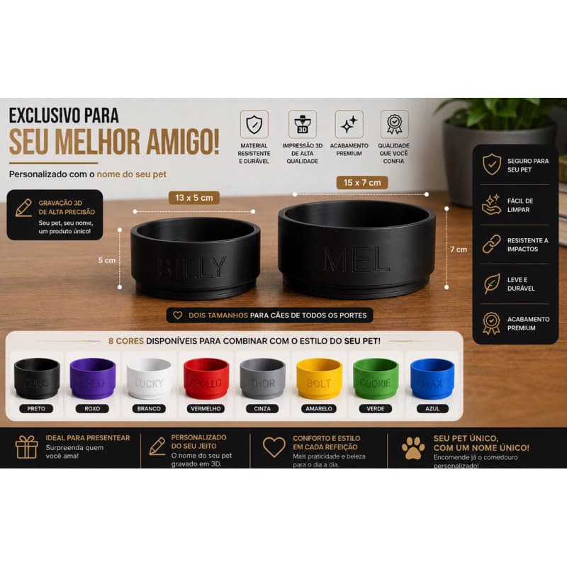 Comedouro Personalizado para seu PET com Nome | Pote para Ração e Água | Impressão 3D Premium