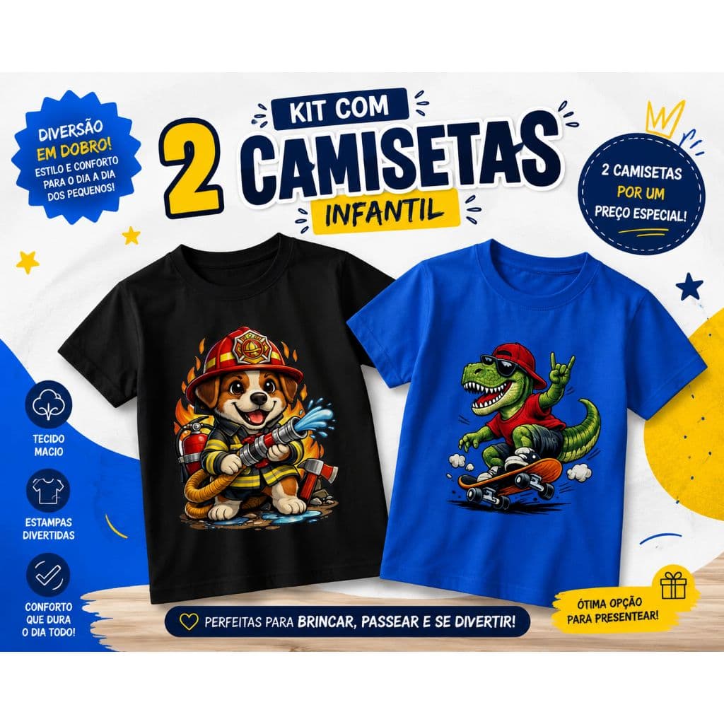 2 Camiseta infantil estampada cachorro dinossauro