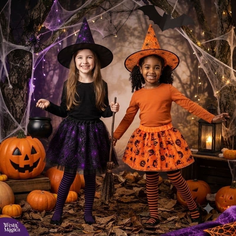 Fantasia Infantil Bruxinha Halloween Kit Chapéu + Saia Tule Festa à Fantasia Cosplay Infantil