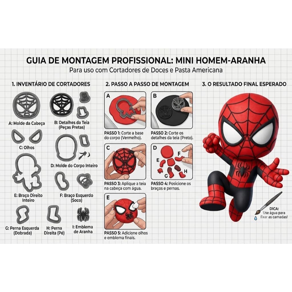 Kit Cortador Modular 3D Mini Herói Aranha - 17 Peças (7cm) para Pasta Americana e Doces