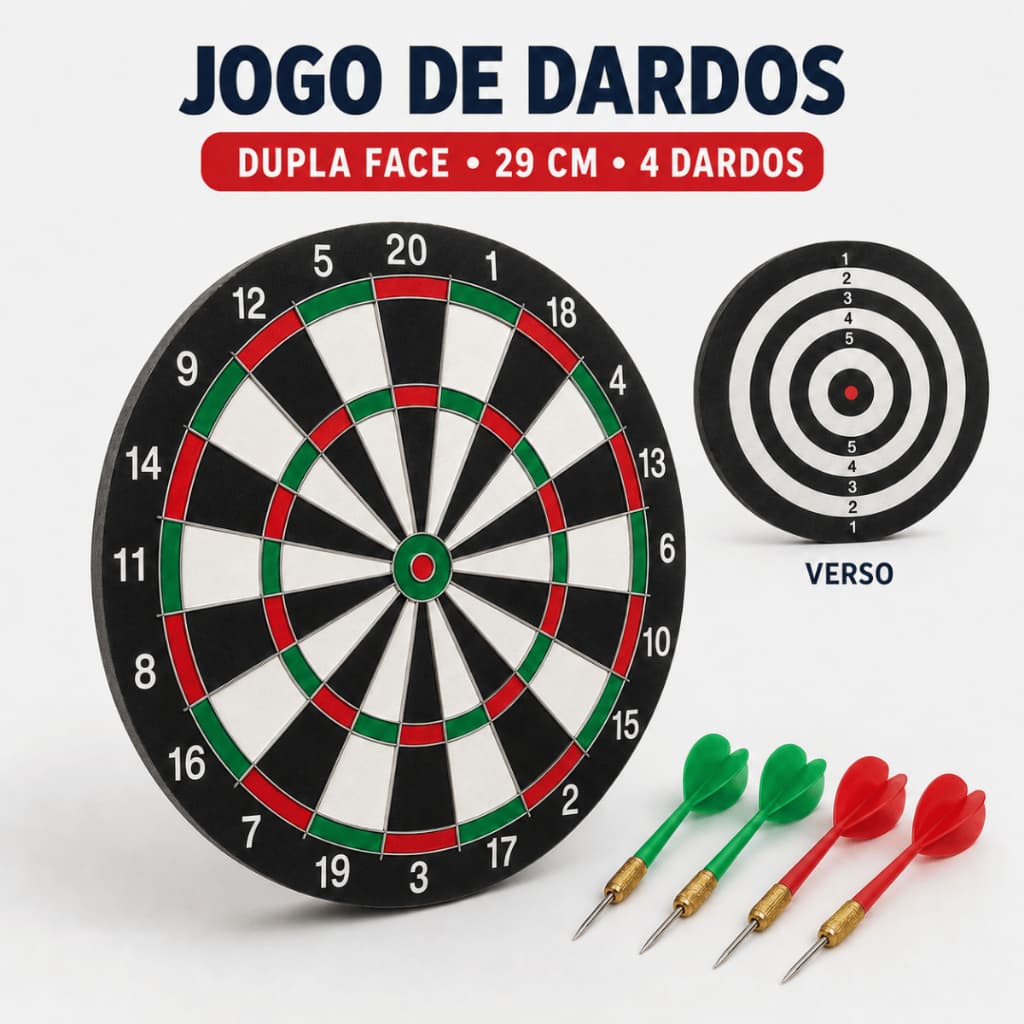 Jogo De Dardos Dupla Face 29cm Com 4 Dardos Ponta Metal Alvo Profissional Diversão