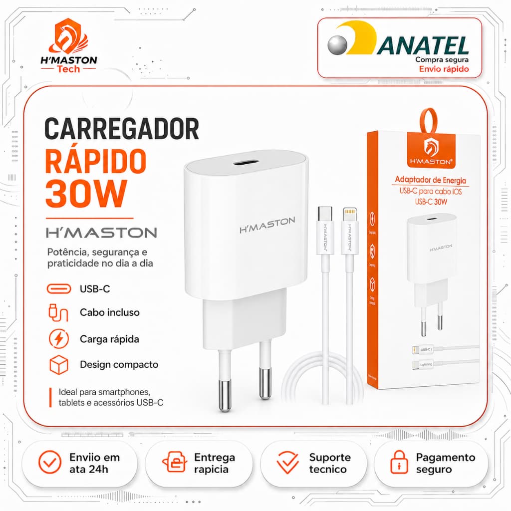 H'maston CB17 Carregador Turbo Tipo C/Lighting Carregador De Celular Fonte Carregador 30w 3A