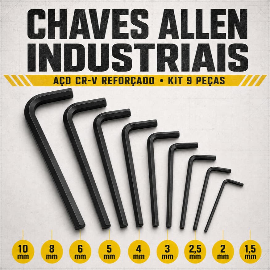 Jogo de Chaves Allen 9 Peças Longas Aço Cromo Vanádio Ponta Reta 1,5 a 10mm para Moto Bicicleta Móveis