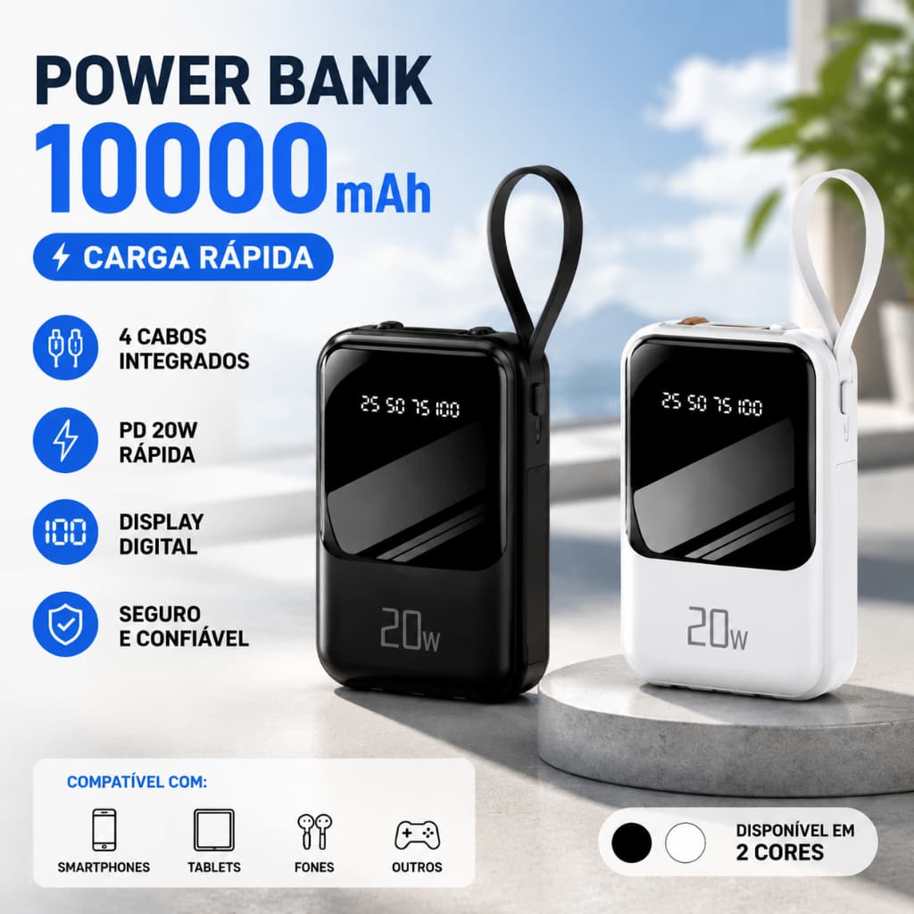 Carregador Power Bank 10000mah Portátil Display Digital 22W Carregamento Super Rápido Com 4 Cabos