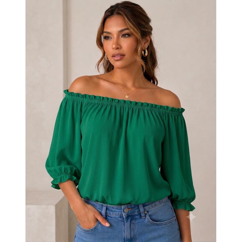 Blusa Ciganinha Feminina Ombro A Ombro Manga 3/4 Com Elástico Elegante Soltinha Moda Blusinha