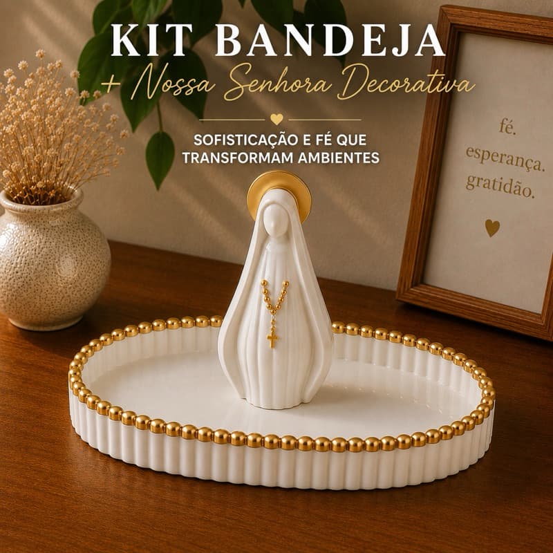 Kit Nossa Senhora Aparecida + Bandeja Porta Terço Dourada  Decoração Religiosa Moderna catolico