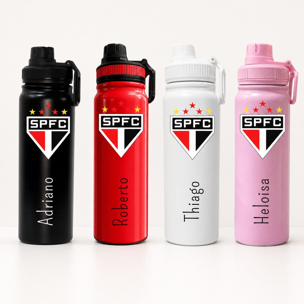 Garrafa Térmica Inox 800ml Personalizada São Paulo – Nome + Escudo | Presente Dia dos Pais - Torcedor
