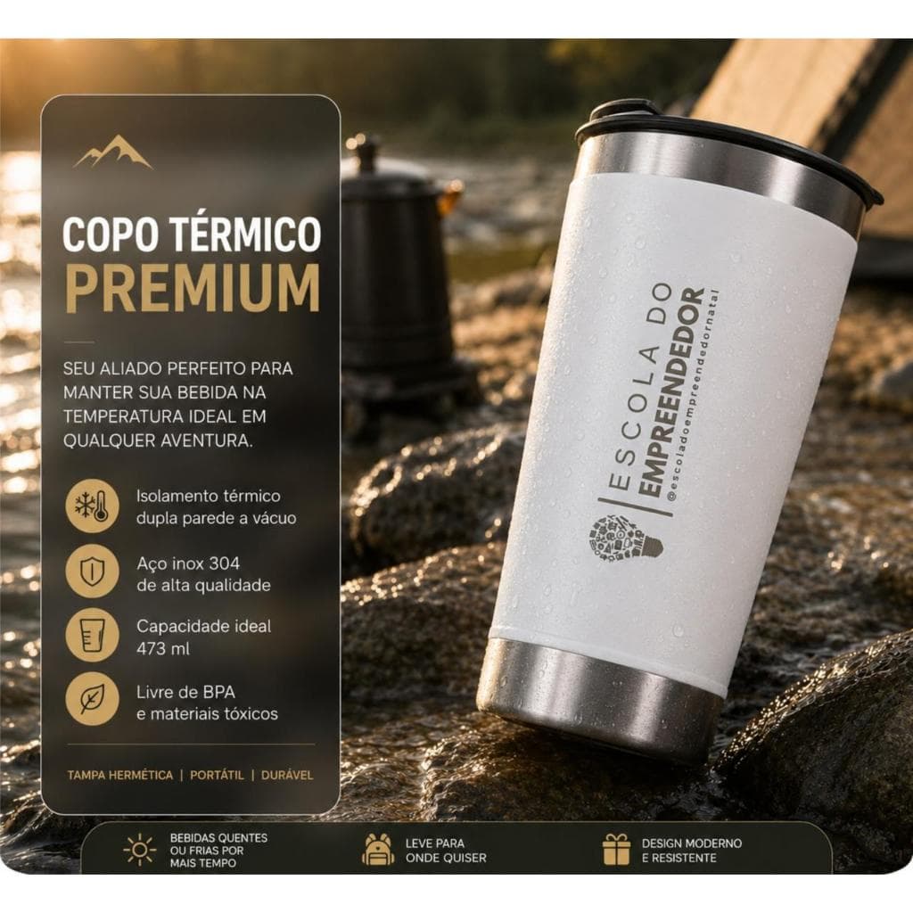 Copo térmico Preto 473ml Abridor Tampa Gravado Laser Time Logo Nome