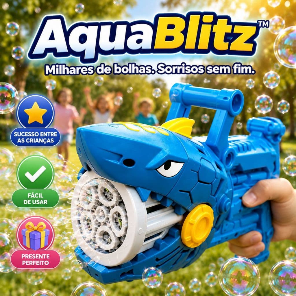 Pistola de Bolhas Automática Tubarão AquaBlitz™ Brinquedo Infantil Lança Bolhas para Crianças