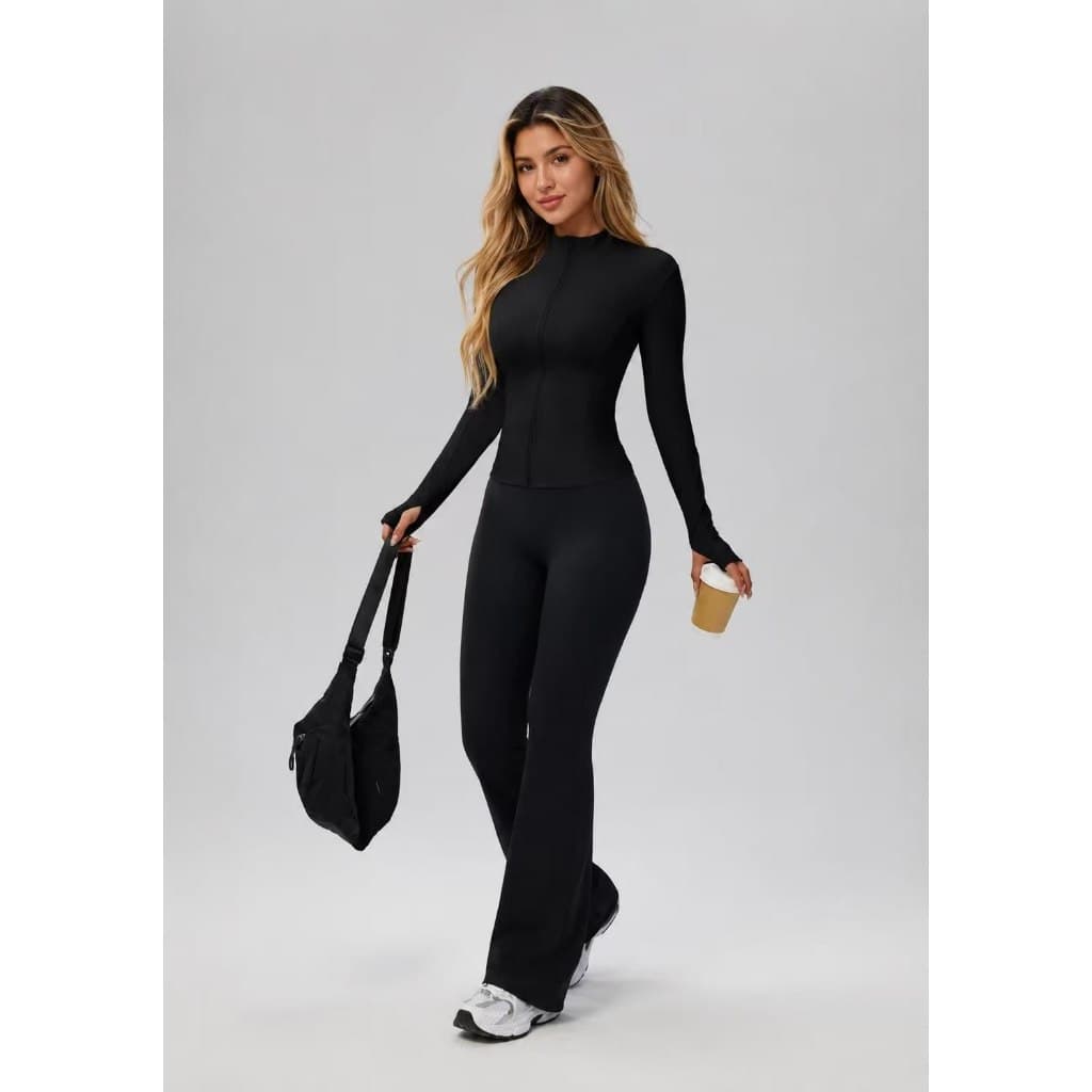 Conjunto Fitness Feminino Academia com Jaqueta de Zíper e Calça Flare Cintura Alta|Tecido Premium com Alta Elasticidade