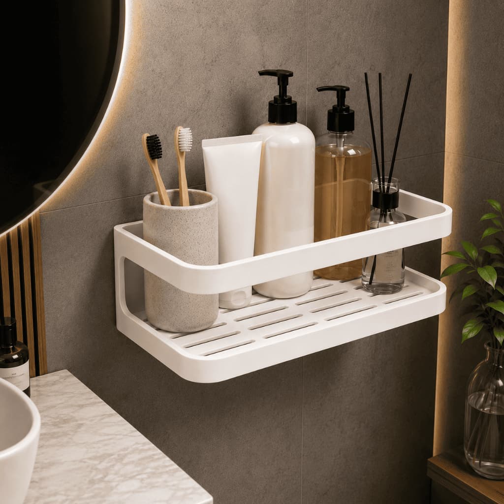 Suporte Porta Shampoo Adesivo Sem Furar Parede Prateleira Banheiro Box Organizador 22x11cm Branco Preto