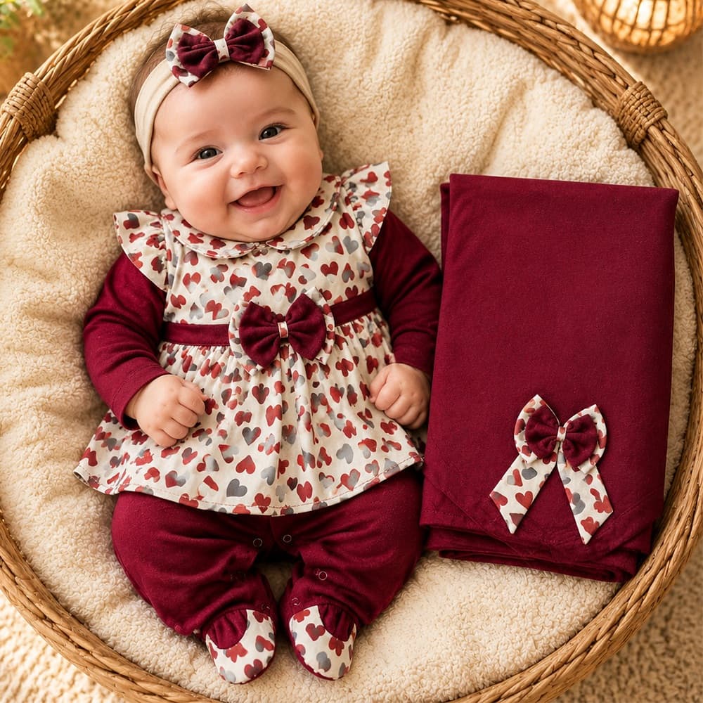 Saída de Maternidade Menina Glamour Corações Marsala 05 Peças