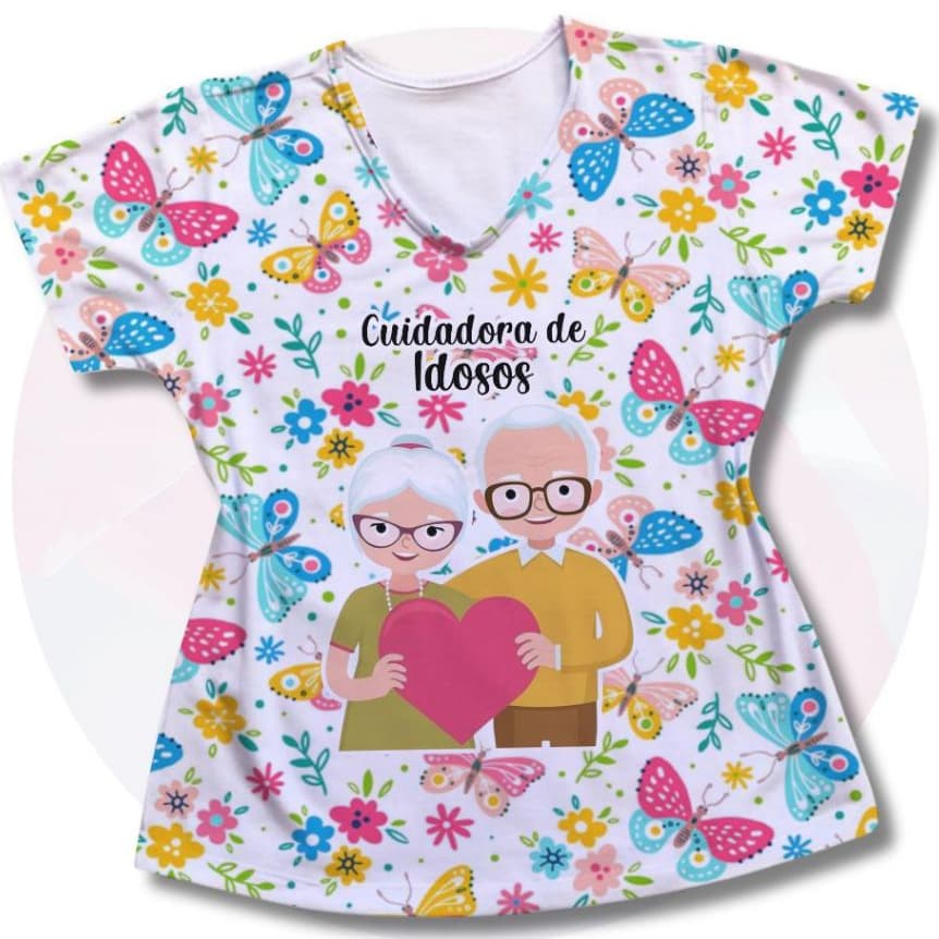 Camiseta T-shirt Profissão: Cuidadora de Idosos – Camisa/Blusa personalizada para cuidadora, cuidador e acompanhantes.