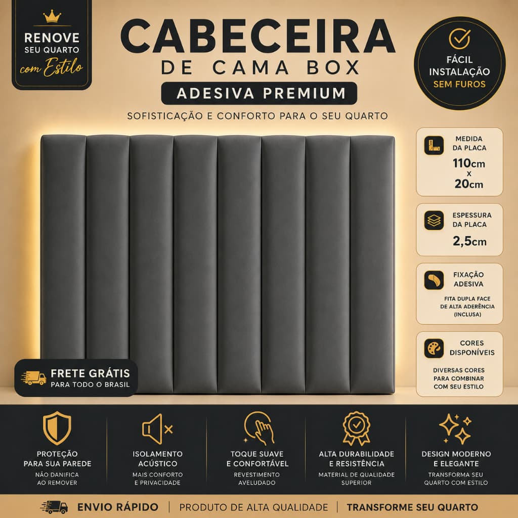 Cabeceira de Cama Box Adesiva Premium 110x20 | Fácil Instalação Sem Furos | ENVIO IMEDIATO!