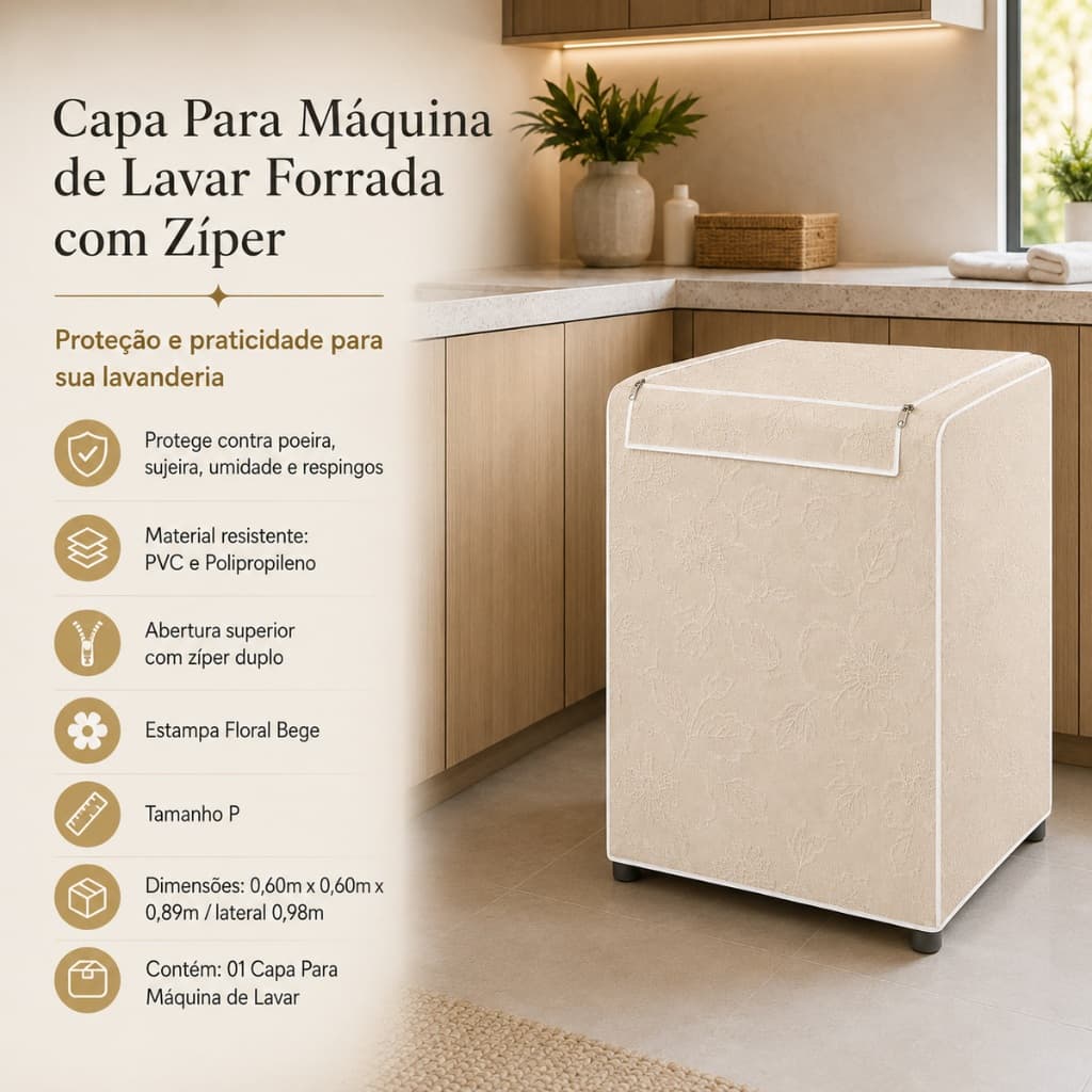 Capa Protetora Lavadora Roupa Com Ziper Reforcado Resistente Impermeavel Bege