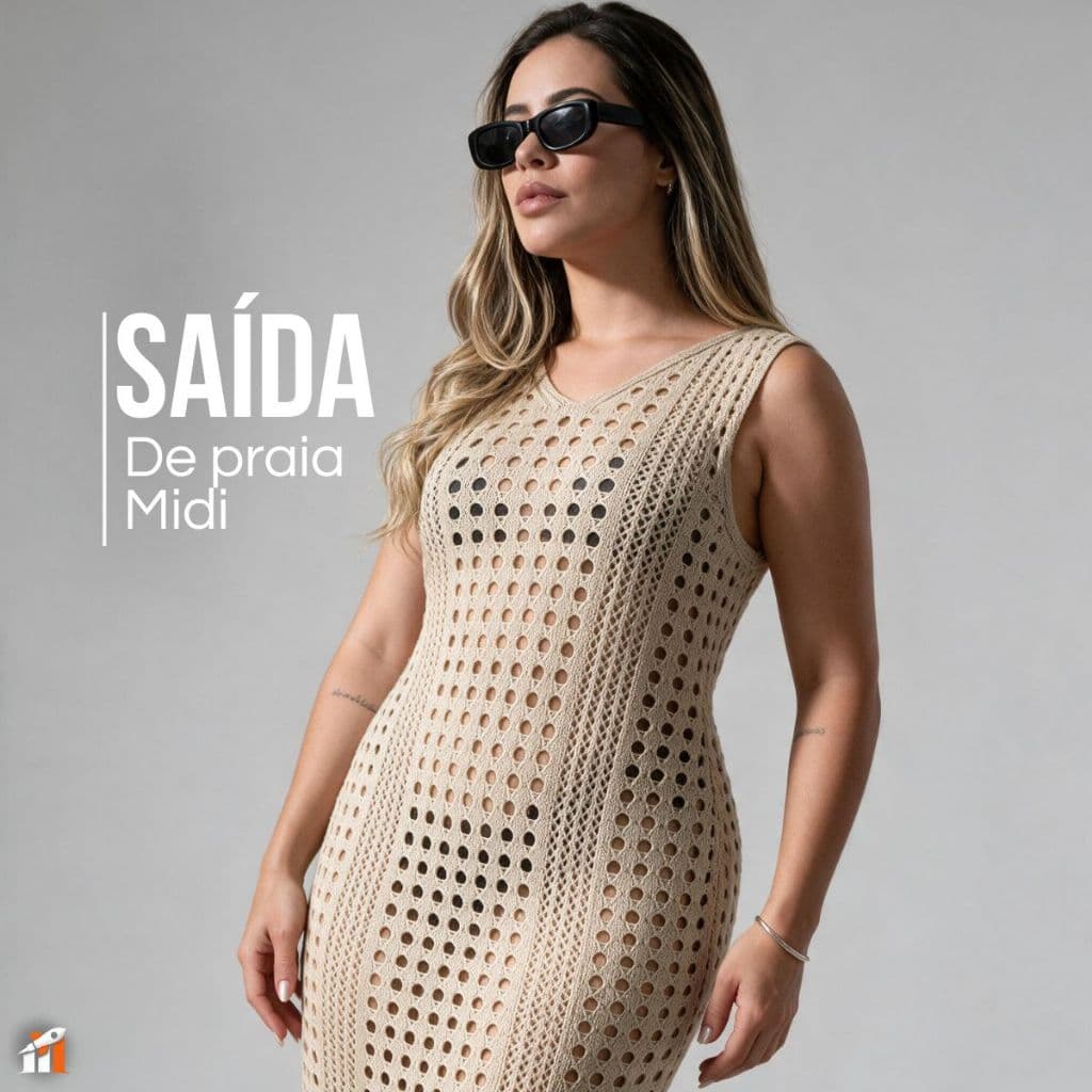 Saída de Praia Midi Feminina Tricot Fenda Lateral Moda Verão Vestido Tricô