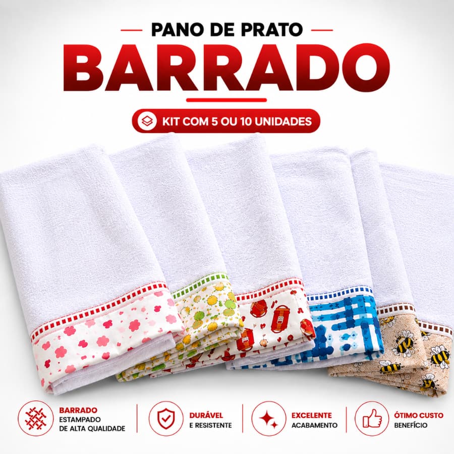 Kit Pano De Prato Pé De Galinha com Barrado Estampado Grande