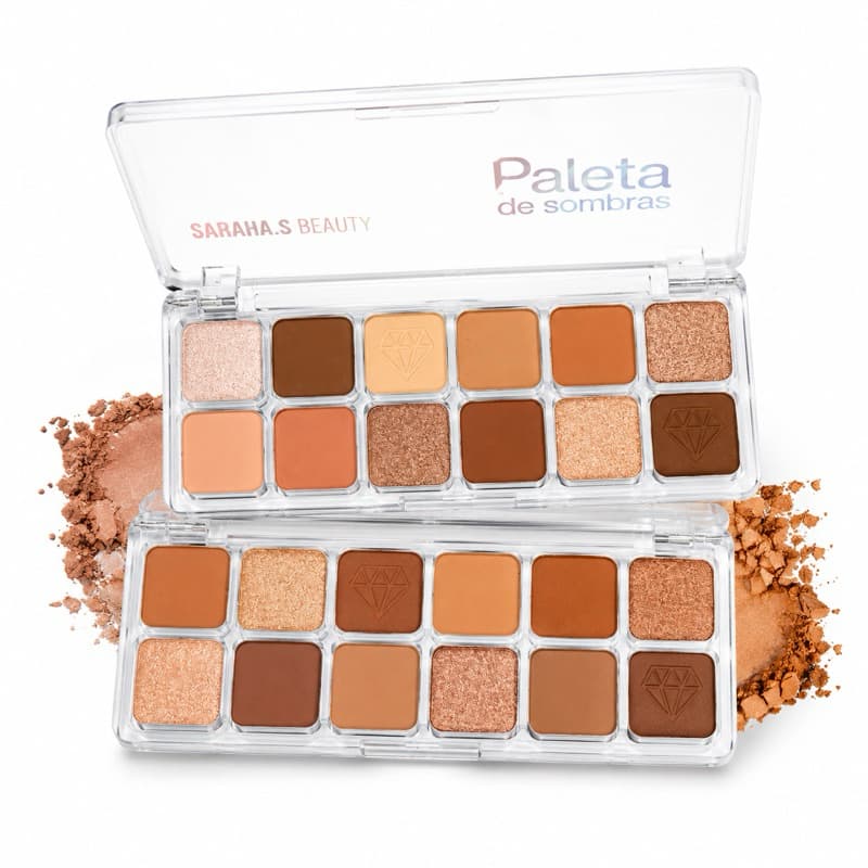 Paleta De Sombras 12 Cores Nude Marrom Alta Pigmentação Com Glitter Efeito Profissional Saraha’s Beauty.