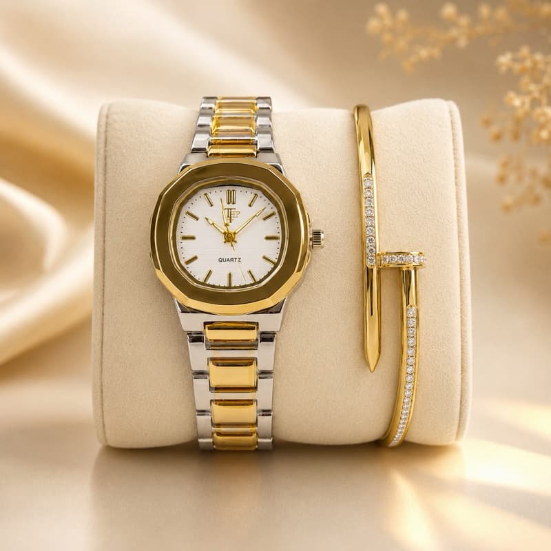 Relógio Feminino Misto Com Bracelete Prego Aço Inoxidável À Prova D’Água Elegante Luxo