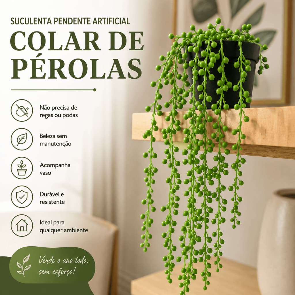 Suculenta Pendente Artificial Colar de Pérolas com Vaso Preto Planta Decorativa Artificial