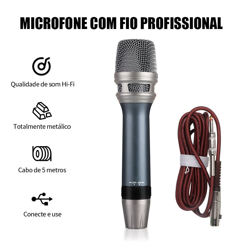 RAYHAYES RD-1 Microfone Dinâmico Profissional com Fio Cardioide Corpo de Metal Cabo 5m XLR para P10 Karaokê Igreja